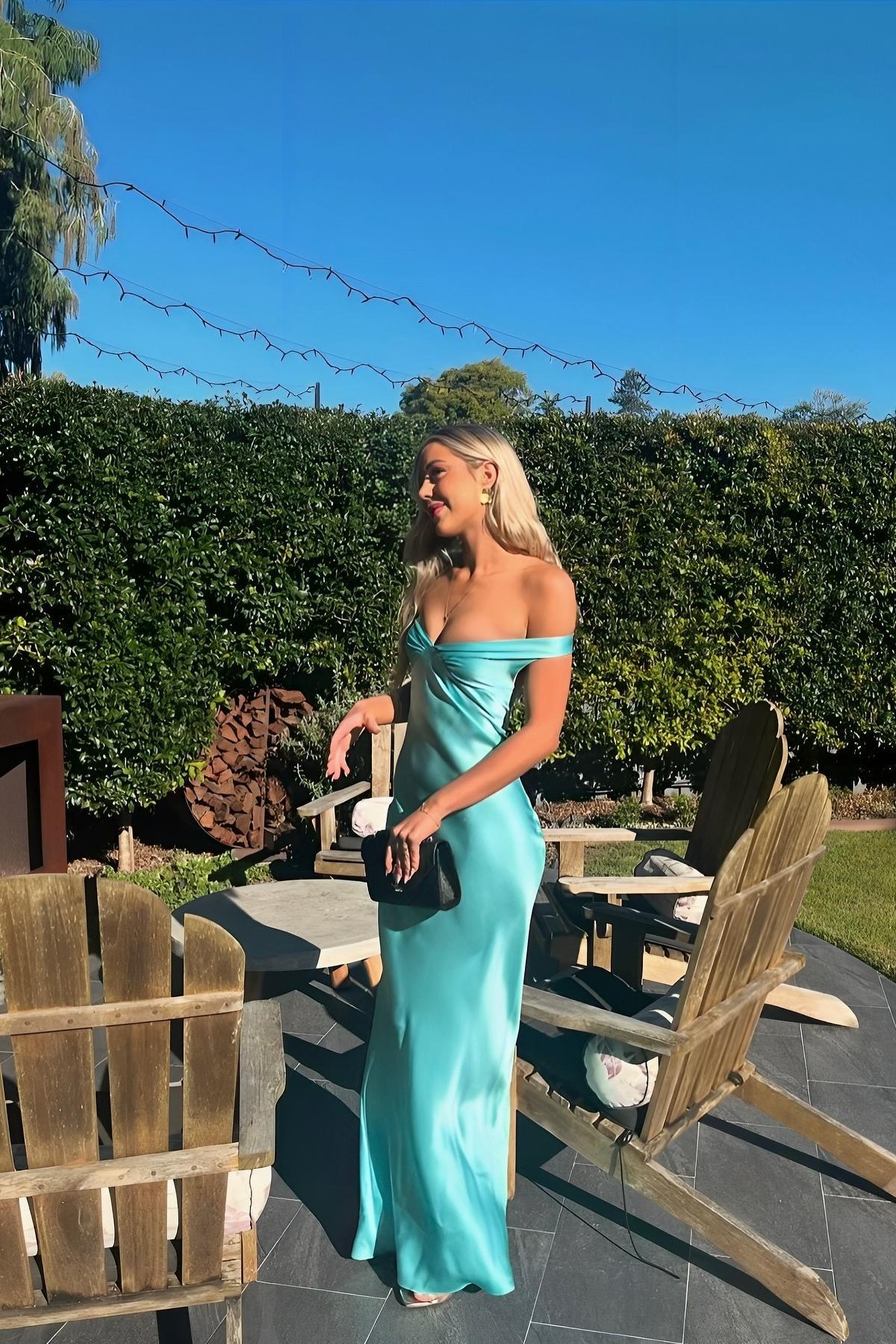 Off the Shoulder Aqua Silk Long Party Dress