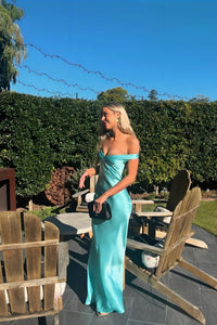 Off the Shoulder Aqua Silk Long Party Dress