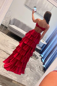 Red Straps Satin Cutouts A-line Ruffle Prom Dress