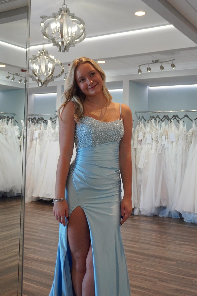 Light Blue Pearls and Satin Ruched Fitted Prom Dress