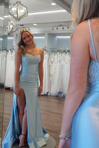 Light Blue Pearls and Satin Ruched Fitted Prom Dress