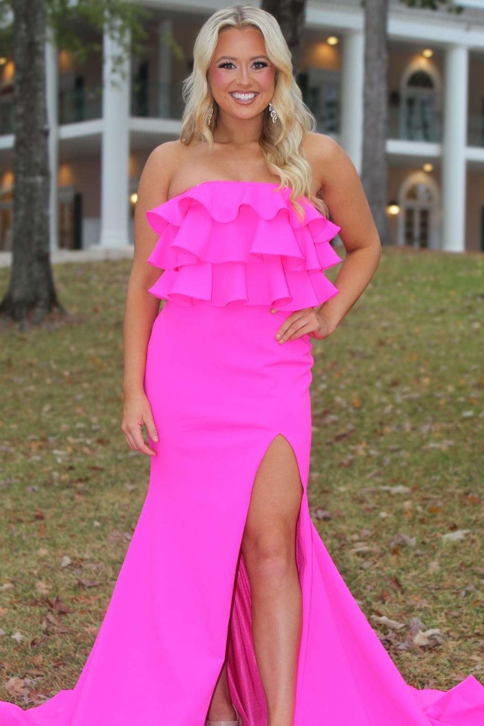 Strapless Fuchsia Ruffle Fitted Long Formal Dress with Slit