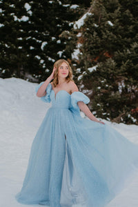 Sweetheart Sky Blue A-line Long Formal Gown with Bow