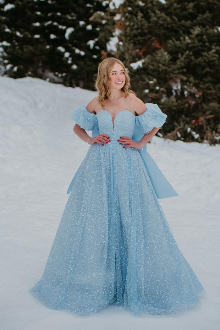 Sweetheart Sky Blue A-line Long Formal Gown with Bow