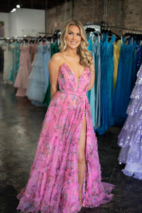 Fuchsia Floral Strapless V Neck Tulle Long Formal Dress