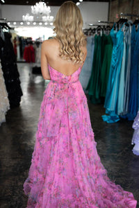 Fuchsia Floral Strapless V Neck Tulle Long Formal Dress