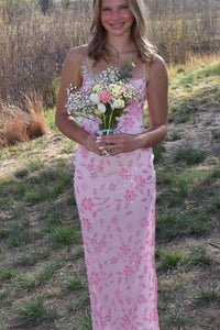 Straps Pink Beaded Fitted Long Party Dress