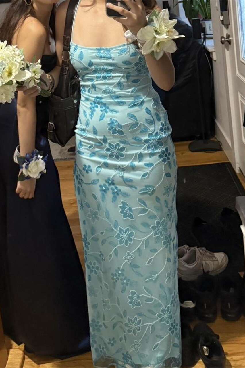 Straps Pink Beaded Fitted Long Party Dress