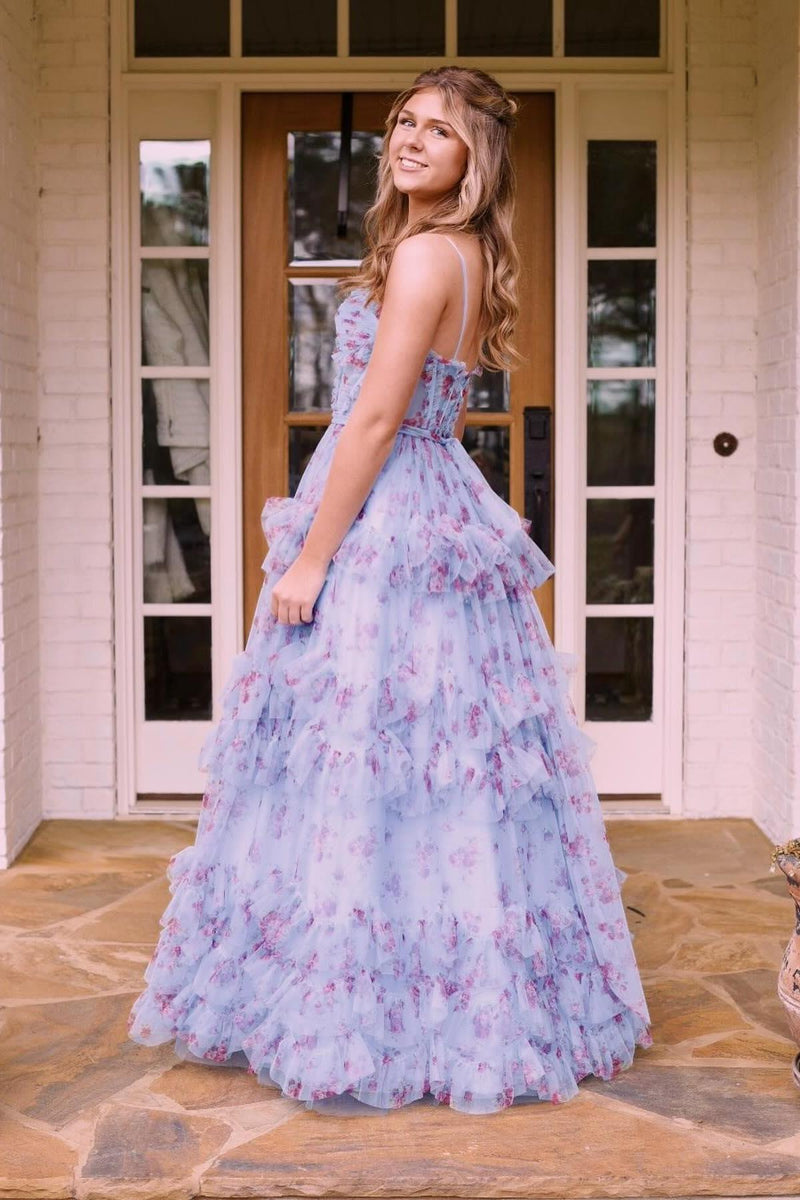 Straps Blue Floral Corset A-line Ruffle Prom Dress