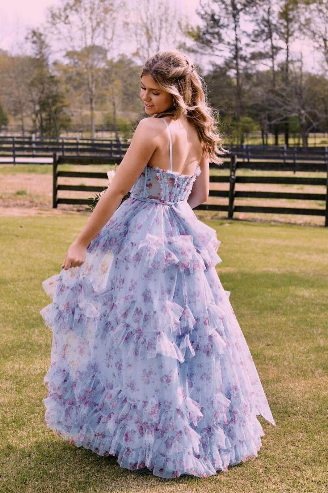 Straps Blue Floral Corset A-line Ruffle Prom Dress