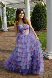 Sweetheart Floral Corset Tulle Ruffle A-line Prom Dress