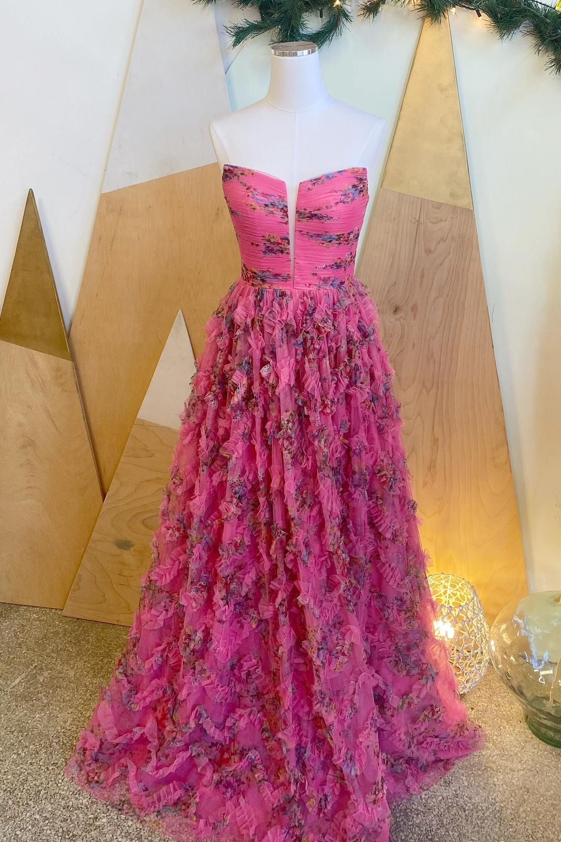 Strapless Fuchsia Floral Ruffle A-line Prom Gown