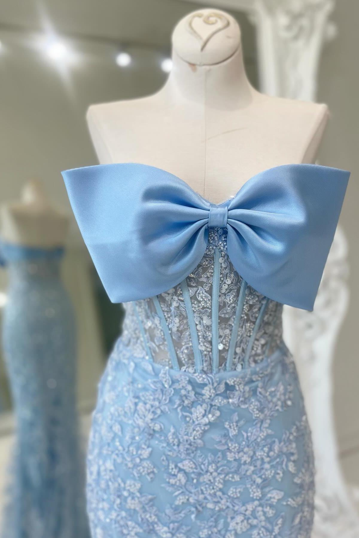 Strapless Light Blue Mermaid Long Prom Dress with Bow