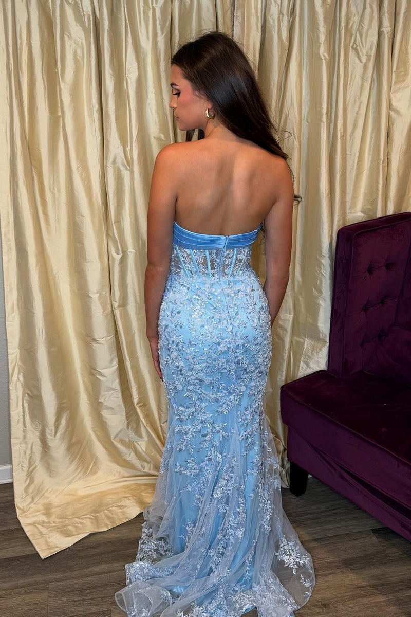 Strapless Light Blue Mermaid Long Prom Dress with Bow