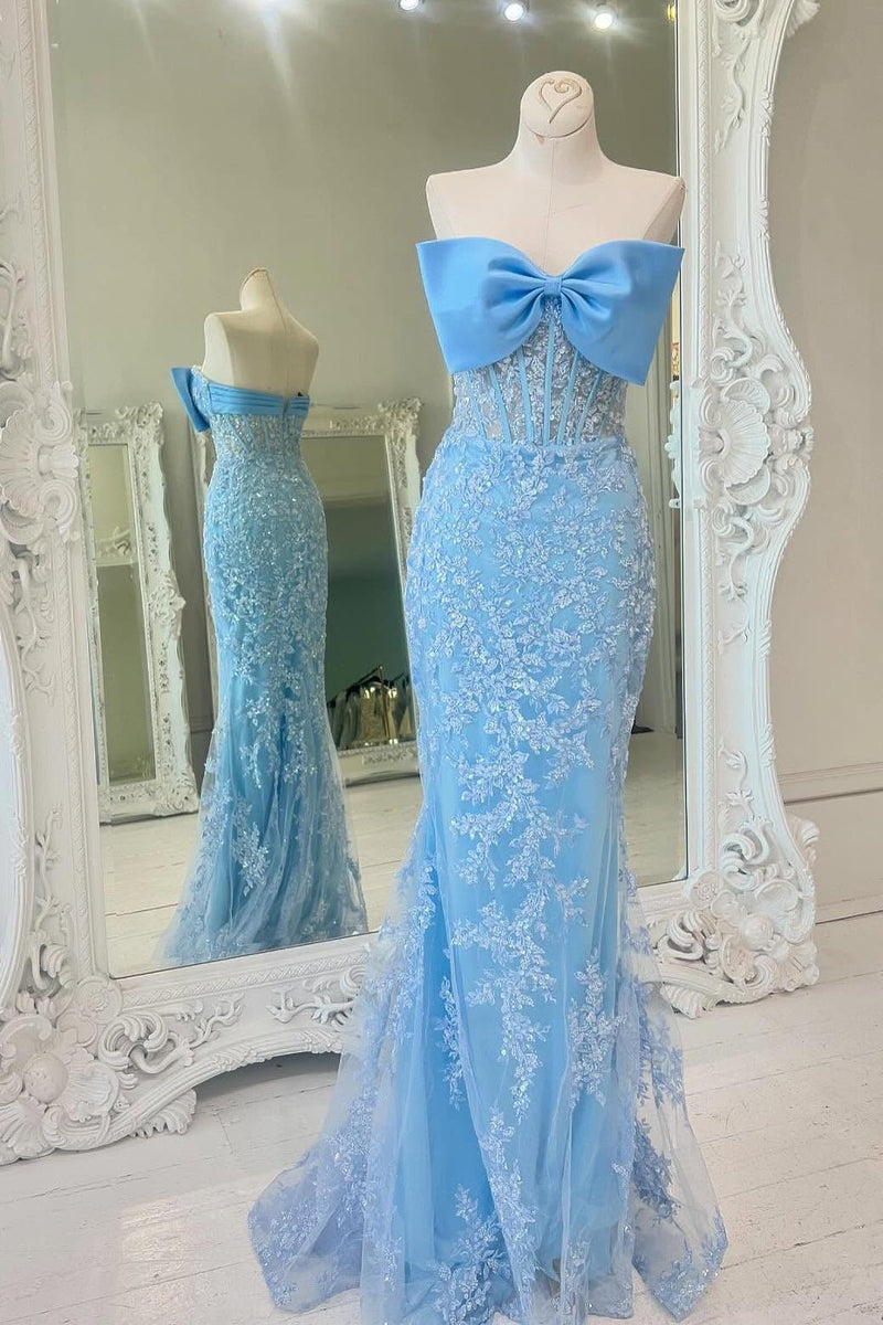 Strapless Light Blue Mermaid Long Prom Dress with Bow