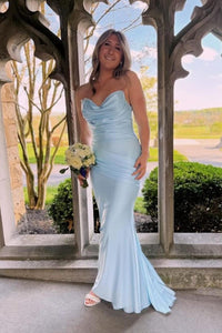 Cowl Neck Light Blue Ruched Fitted Formal Dress