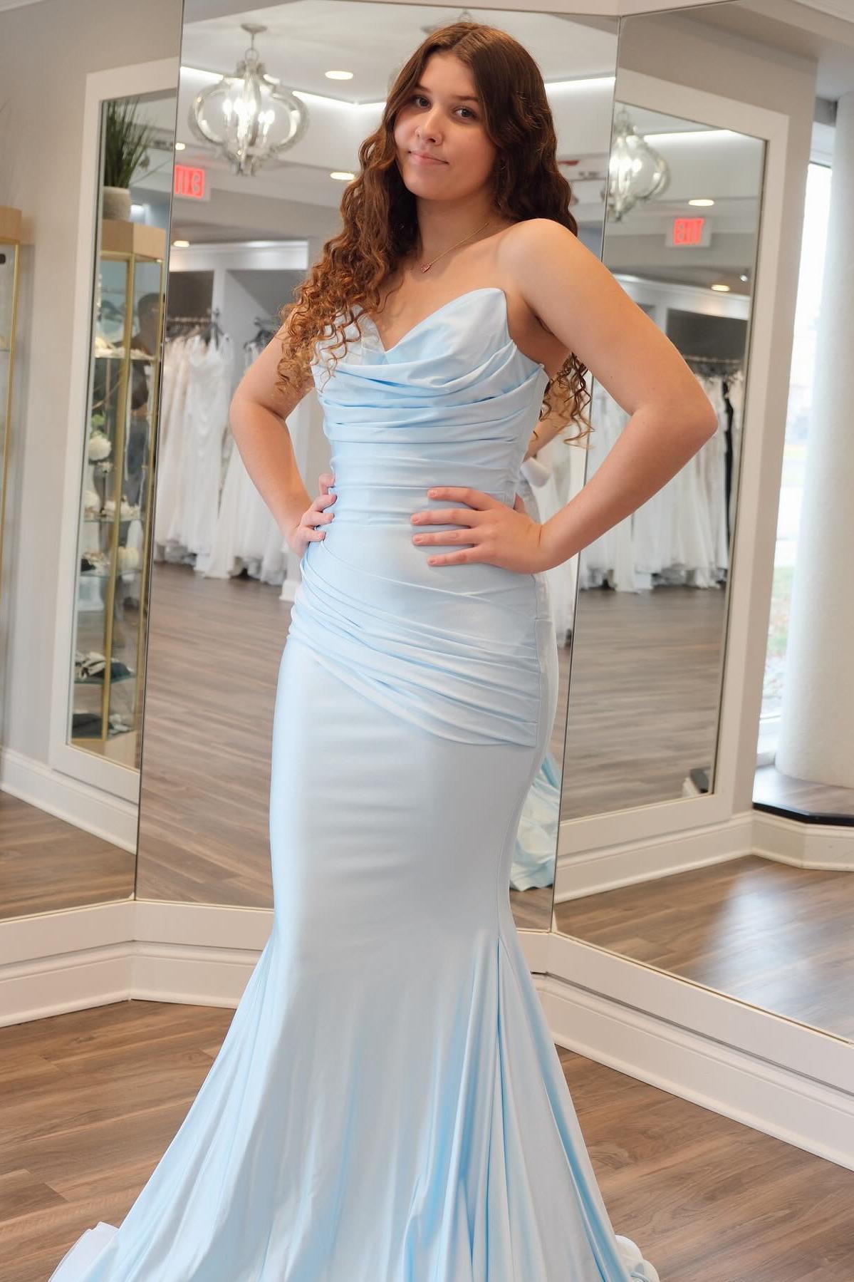 Cowl Neck Light Blue Ruched Fitted Formal Dress