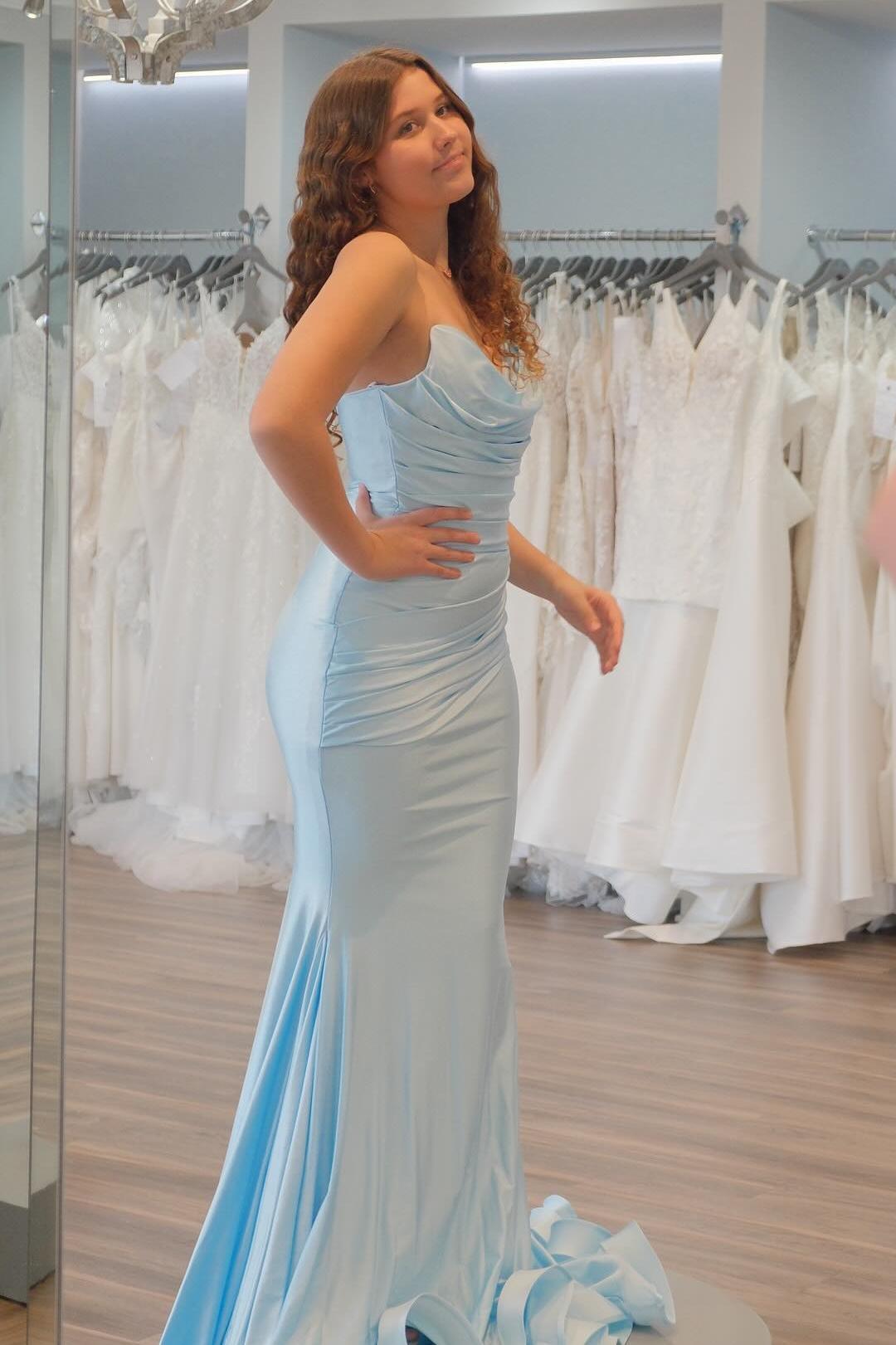 Cowl Neck Light Blue Ruched Fitted Formal Dress