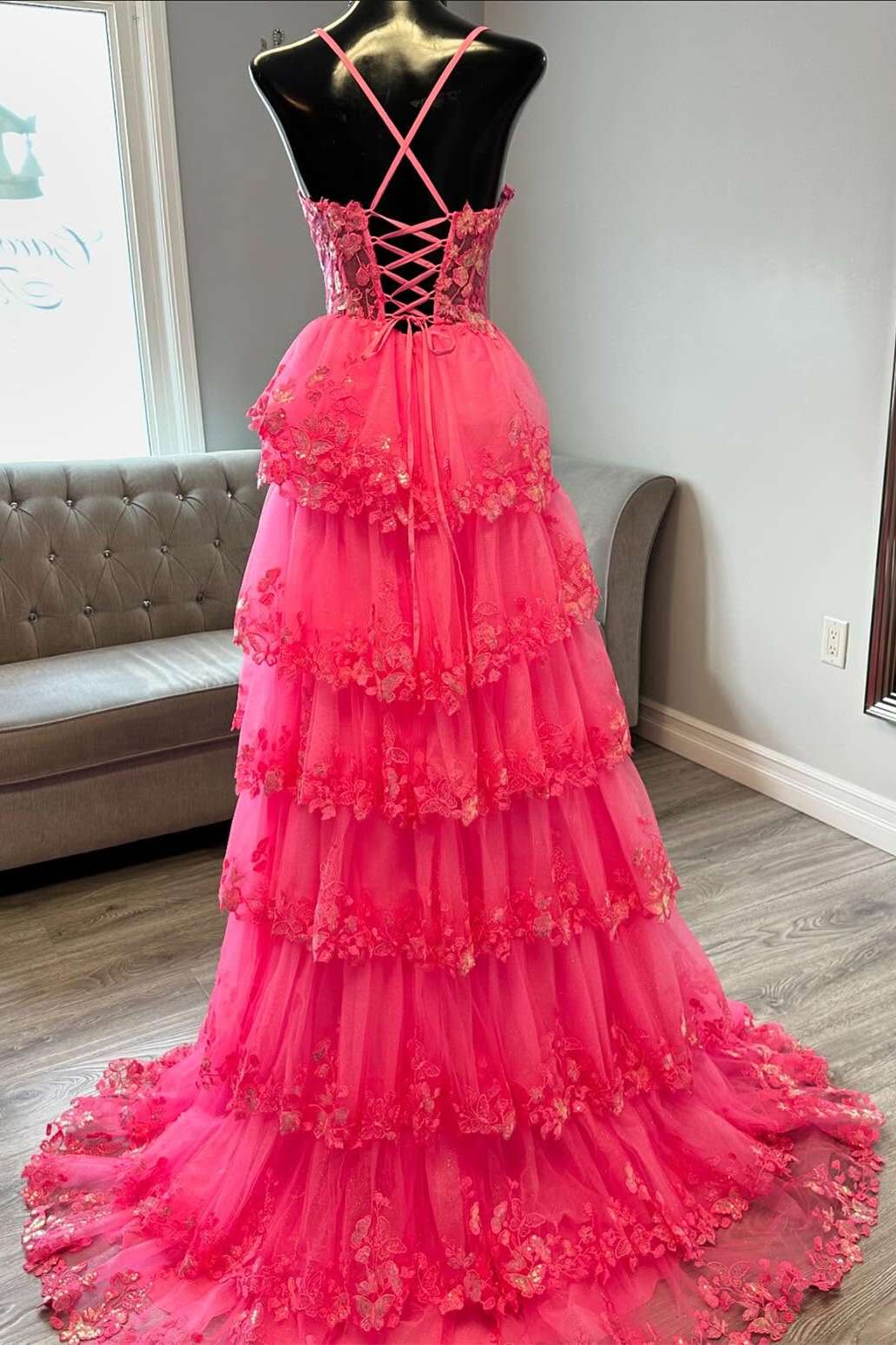 Spaghetti Straps Hot Pink Appliques Ruffle A-line Gown