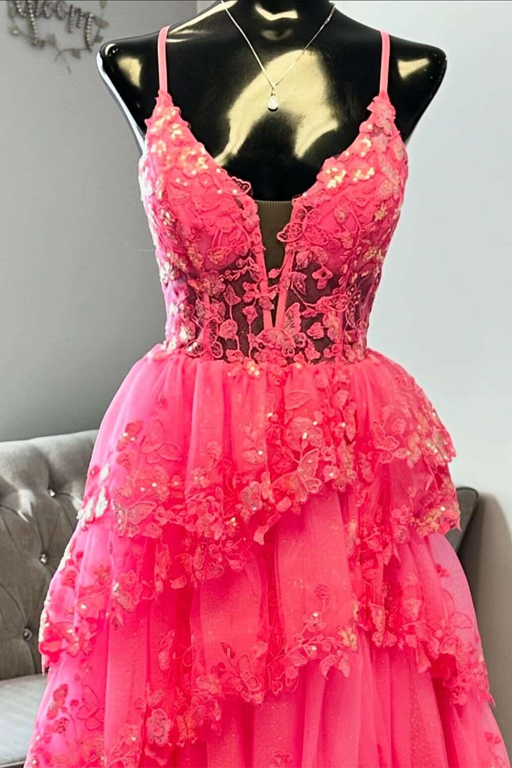 Spaghetti Straps Hot Pink Appliques Ruffle A-line Gown