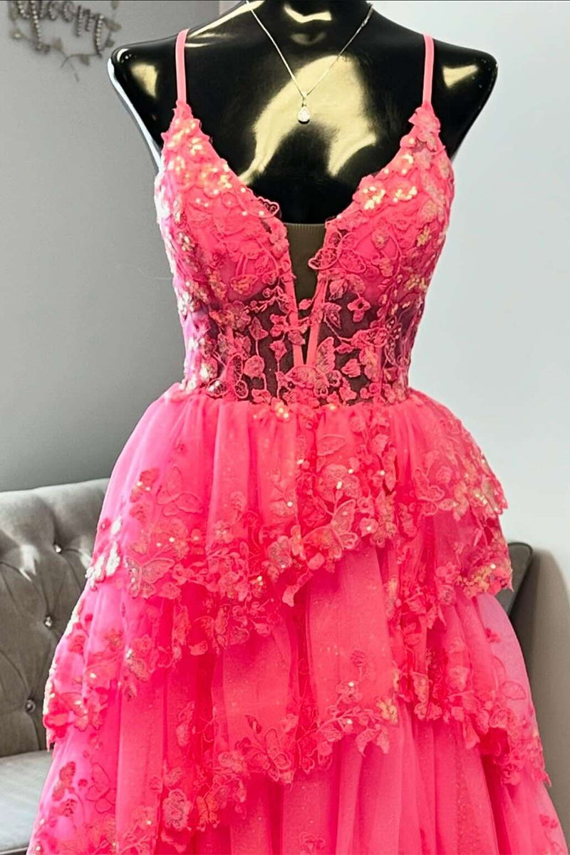 Spaghetti Straps Hot Pink Appliques Ruffle A-line Gown