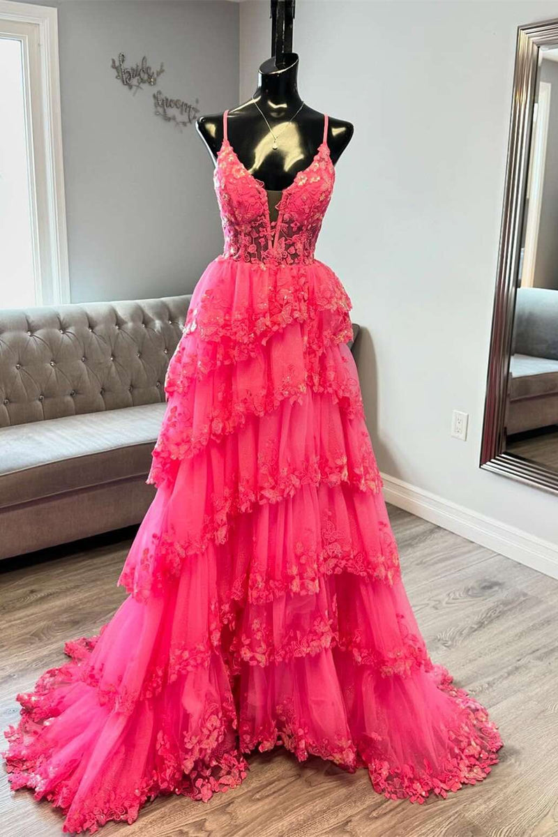 Spaghetti Straps Hot Pink Appliques Ruffle A-line Gown