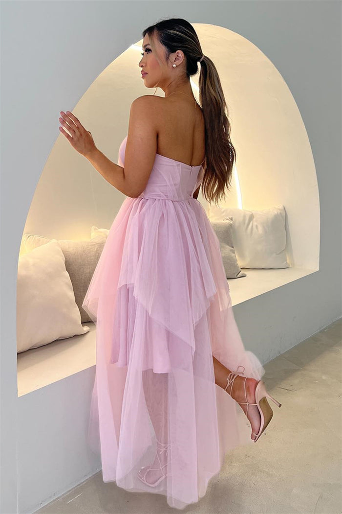 Pink Strapless Sweetheart Multi-Layers Tulle Long Prom Dress