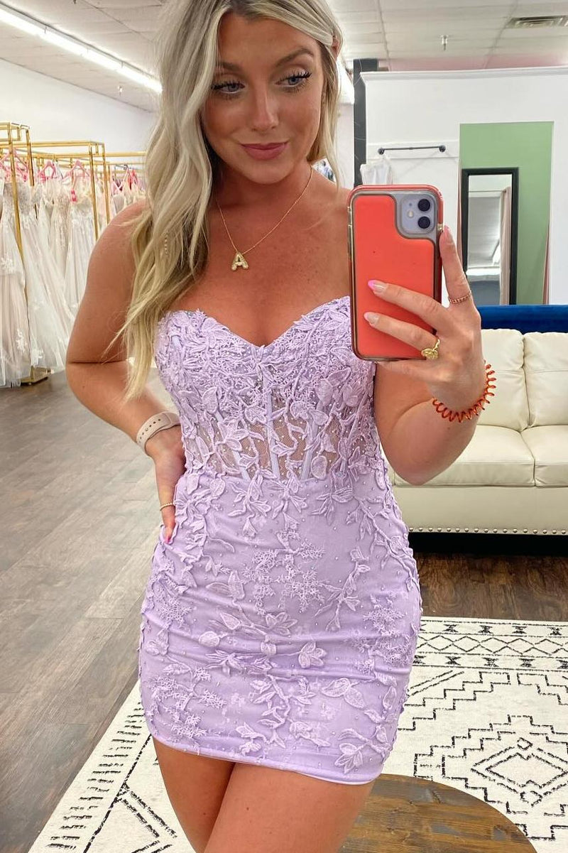 Hot Pink Lace Strapless Tight Homecoming Dress