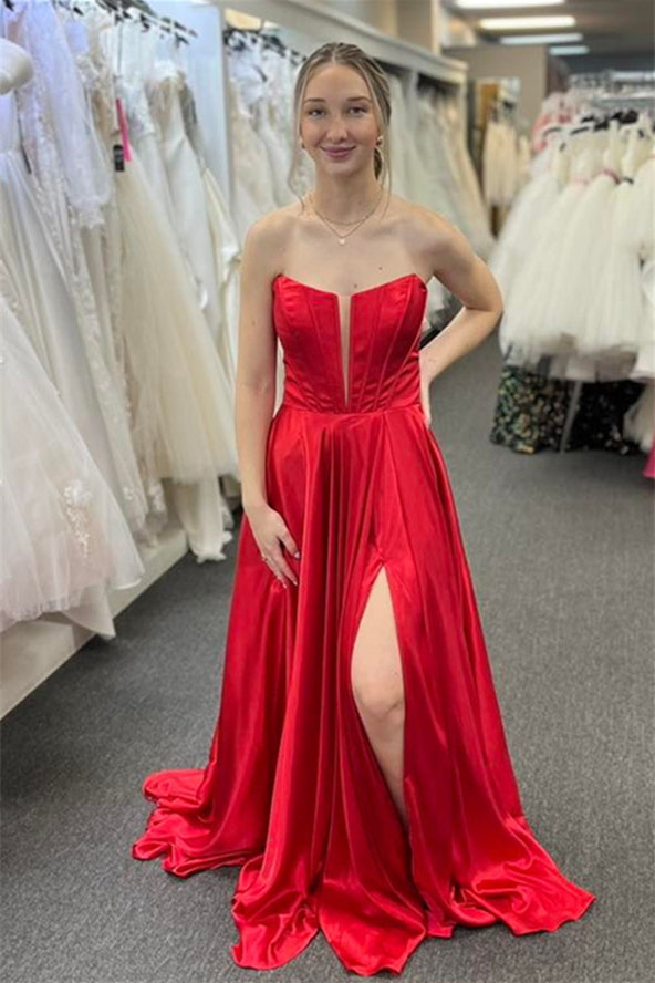 Red Satin Strapless A-line Bow Long Prom Dress with Slit