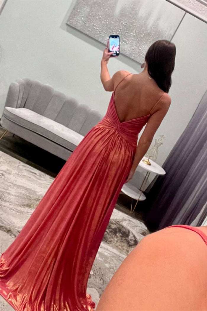 Straps Coral Twist Metallic Long Dress with Slit