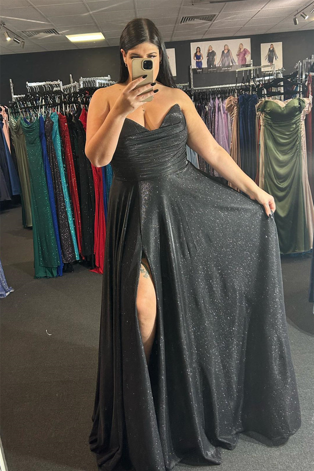 Sparkly Black A-line Strapless Pleated Long Prom Dress with Slit