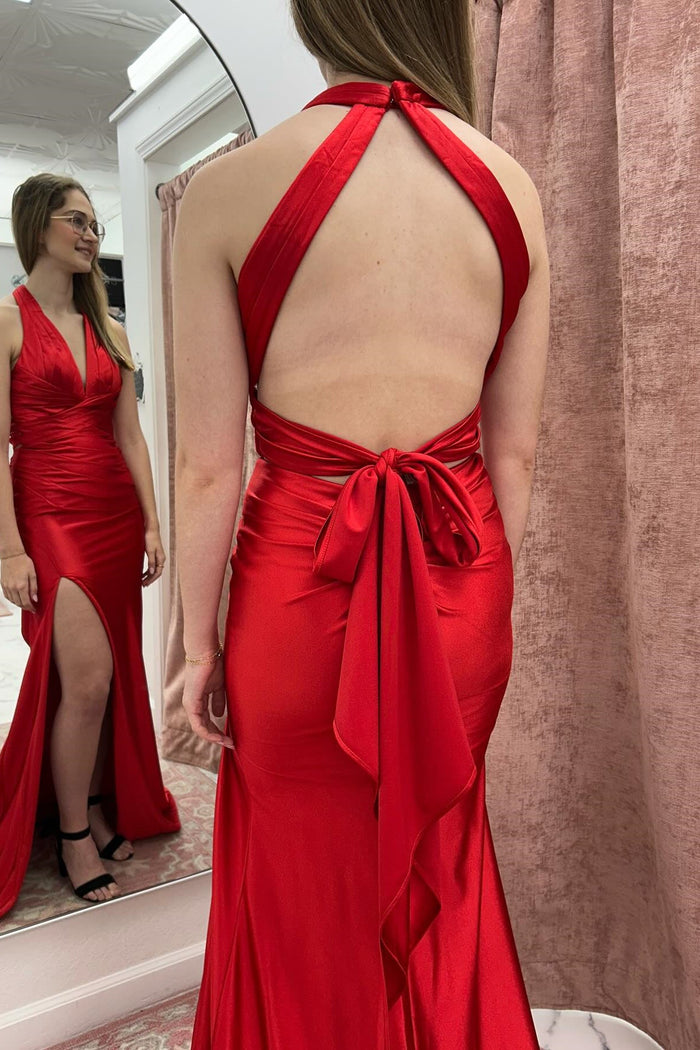 Red Criss-cross Ruched Bow Back Prom Dress with Slit