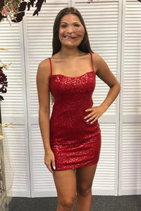 Red Straps Sequins Sheath Homecoming Dress