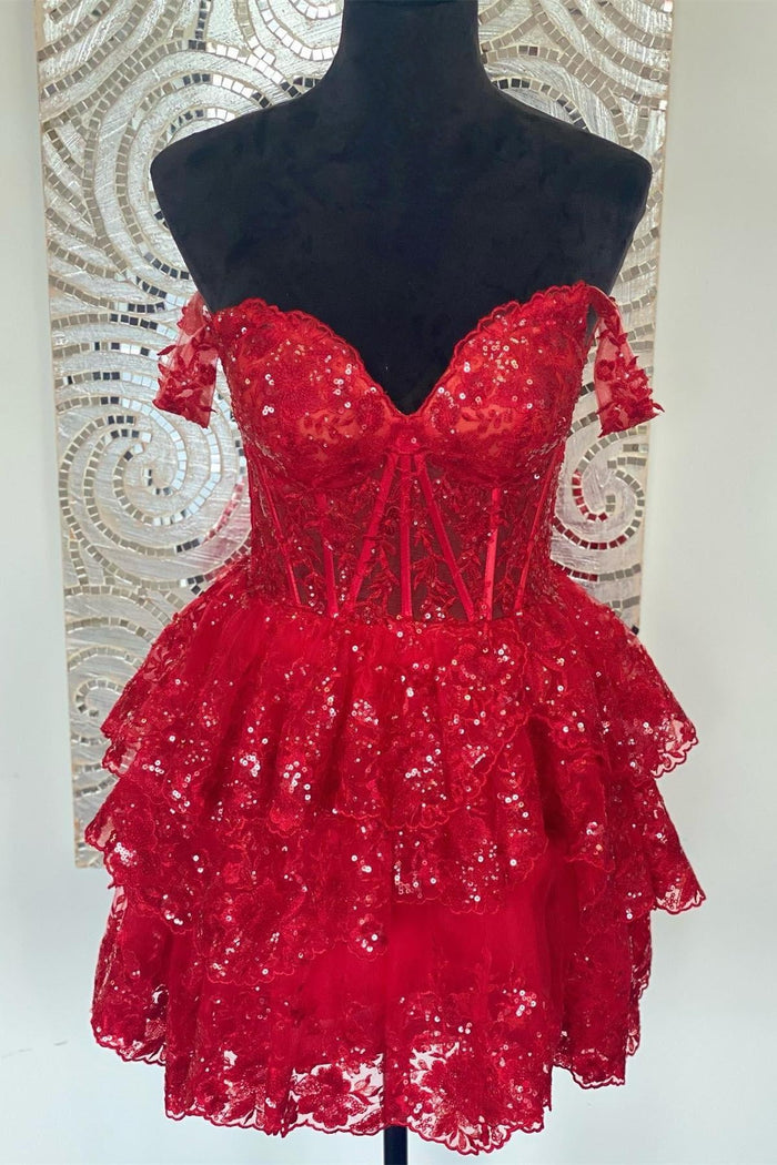 Red Off-the-Shoulder Lace Multi-Layers Appliques Sequins Homecoming Dress