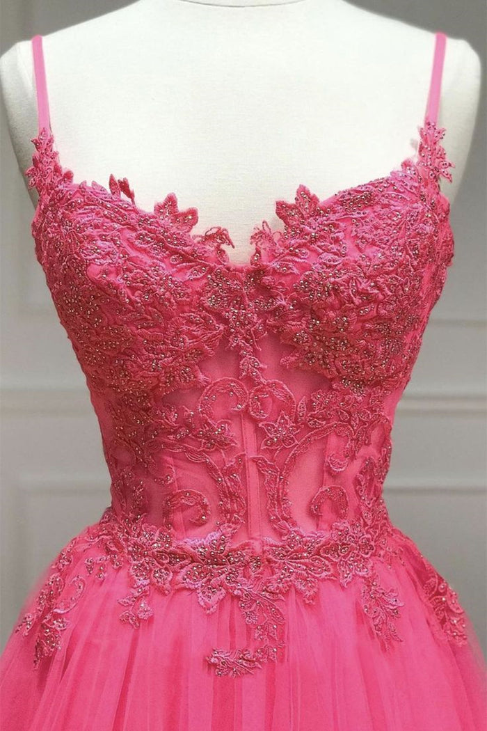 Hot Pink Floral Lace Strapless Ball Gown with Puff Sleeves