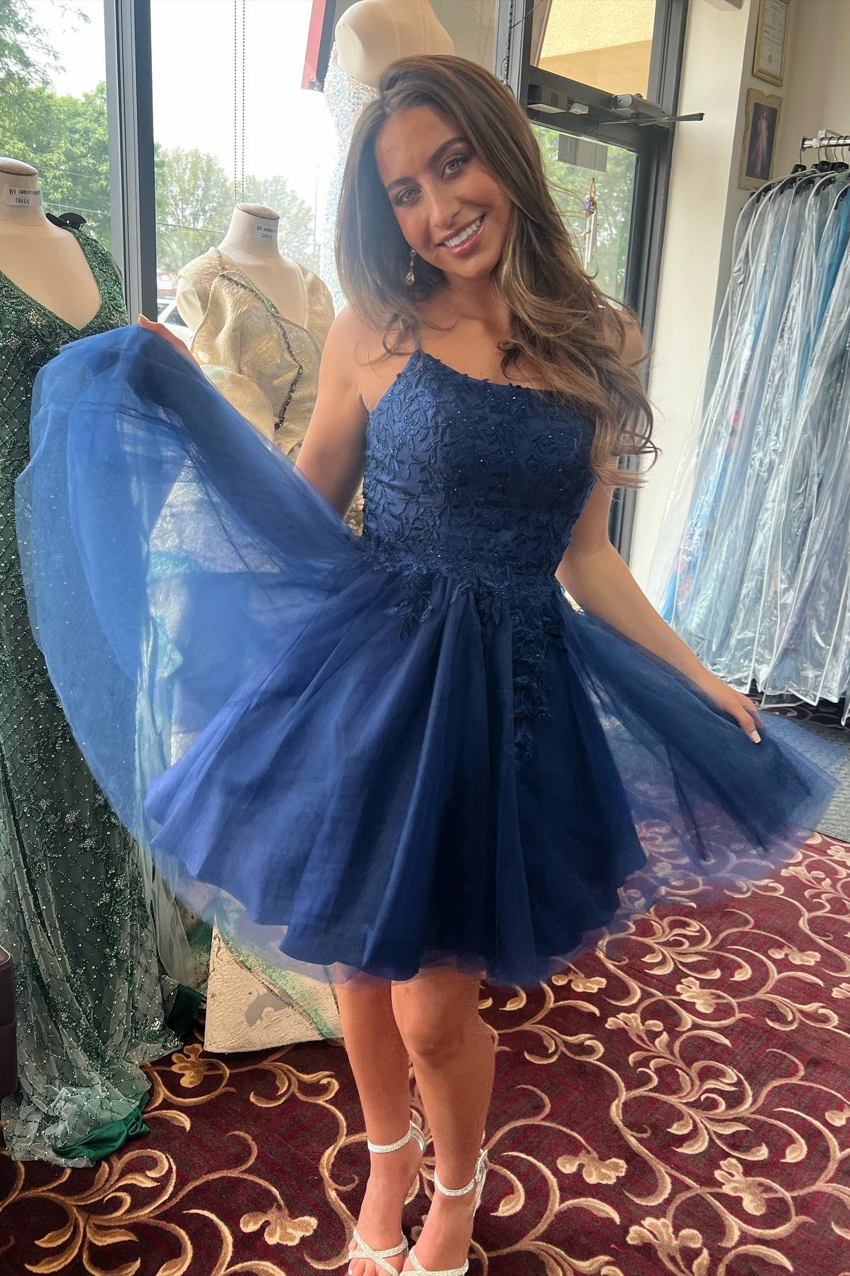 Navy Blue Appliques A-line Tulle Homecoming Dress