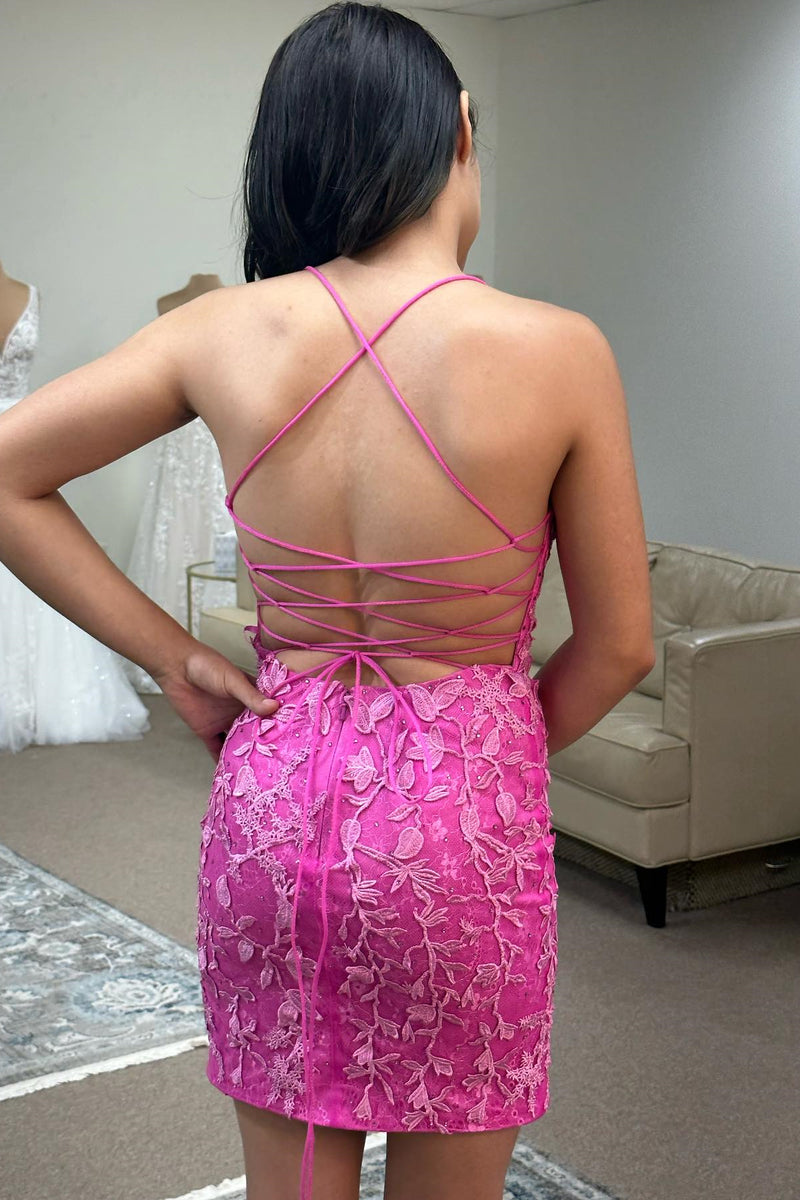 Fuchsia Lace-Up Sheath Appliques Homecoming Dress