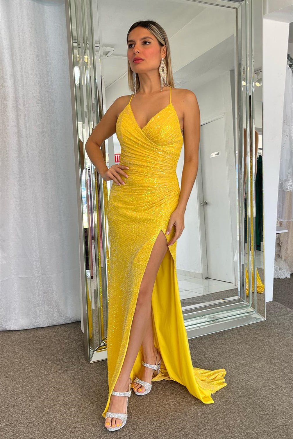 Yellow Surplice Lace-Up Mermaid Sequins Long Prom Dress with Slit