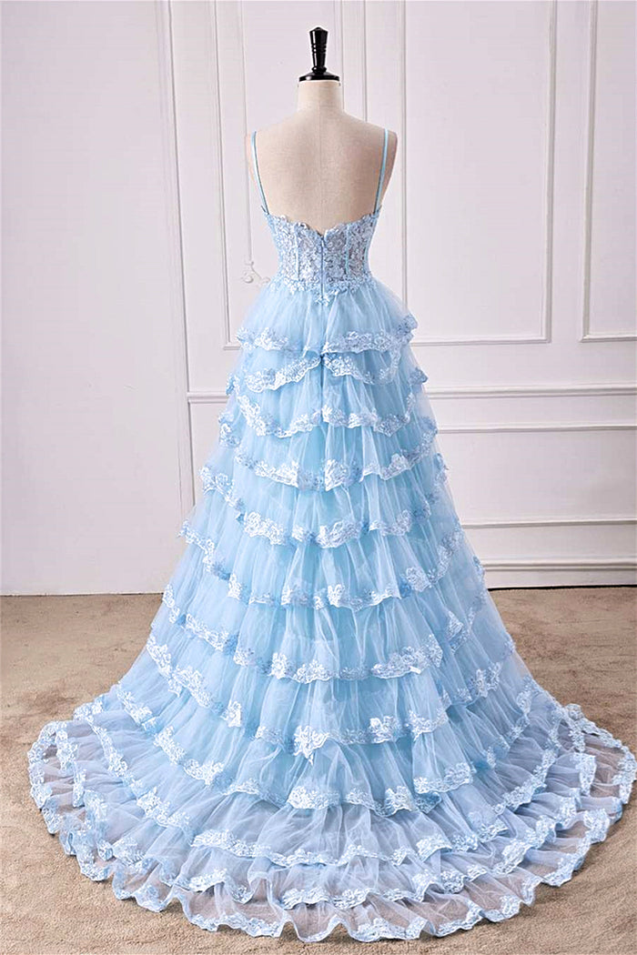 Light Blue Spaghetti Straps Floral Layers A-line Long Prom Dress with Slit