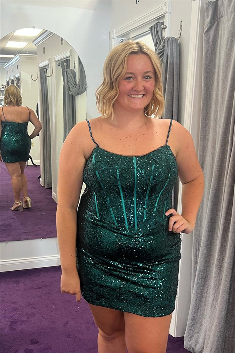 Dark Green Sheath Sequins Straps Homecoming Dress