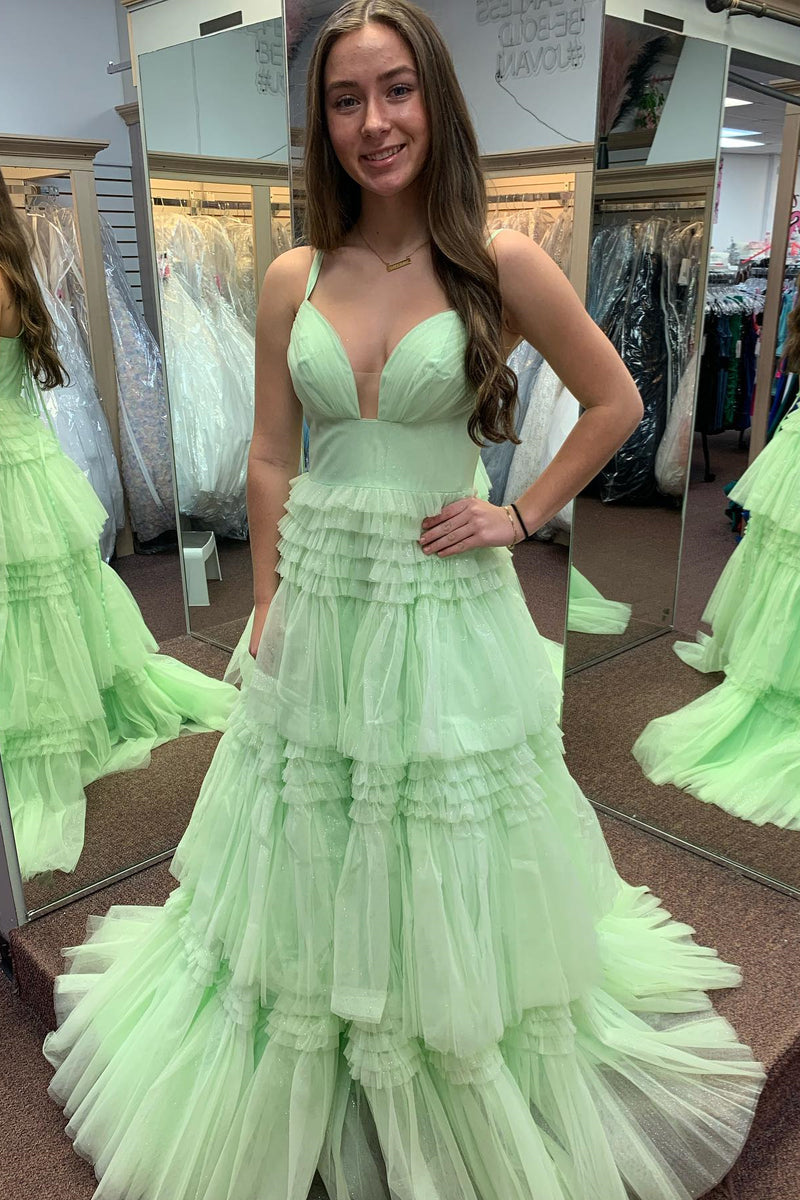 Light Green Layers Spaghetti Straps A-line Long Prom Dress