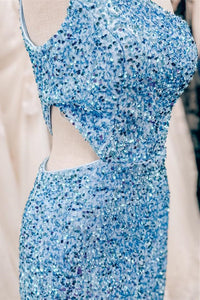 Sky Blue One Shoulder Sequins Sheath Cut-Out Homecoming Dress