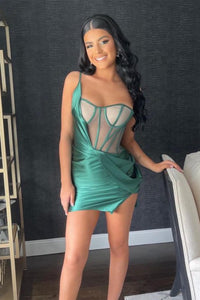 Green One Shoulder Satin Pleated Homecoming Dress