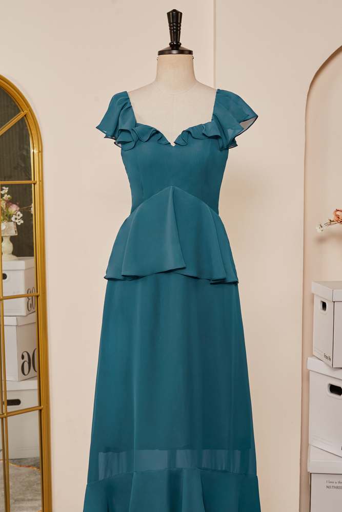 Teal Flaunt Sleeves A-line Layers Long Bridesmaid Dress