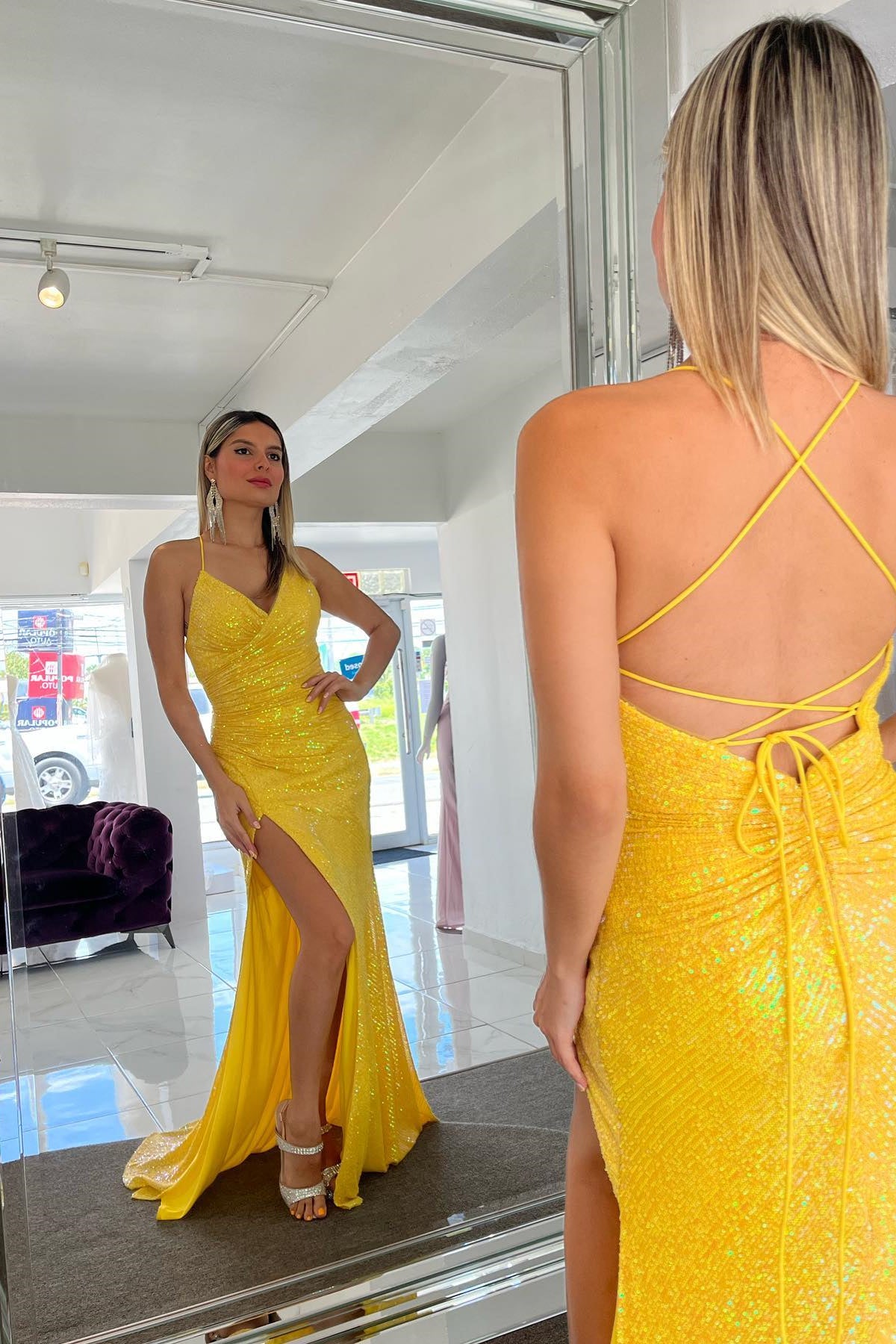 Yellow Surplice Lace-Up Mermaid Sequins Long Prom Dress with Slit