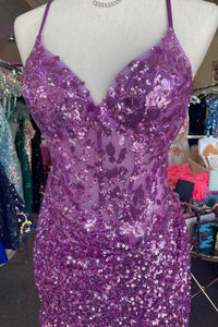 Grape Straps Sequined Embroidery Sheath Homecoming Dress