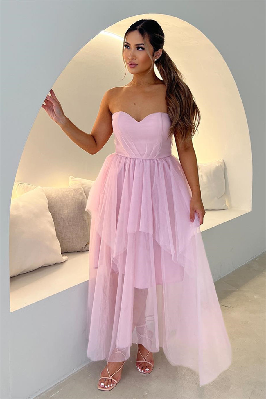 Floral Lace Strapless Baby Pink Tulle Prom Dress - Xdressy