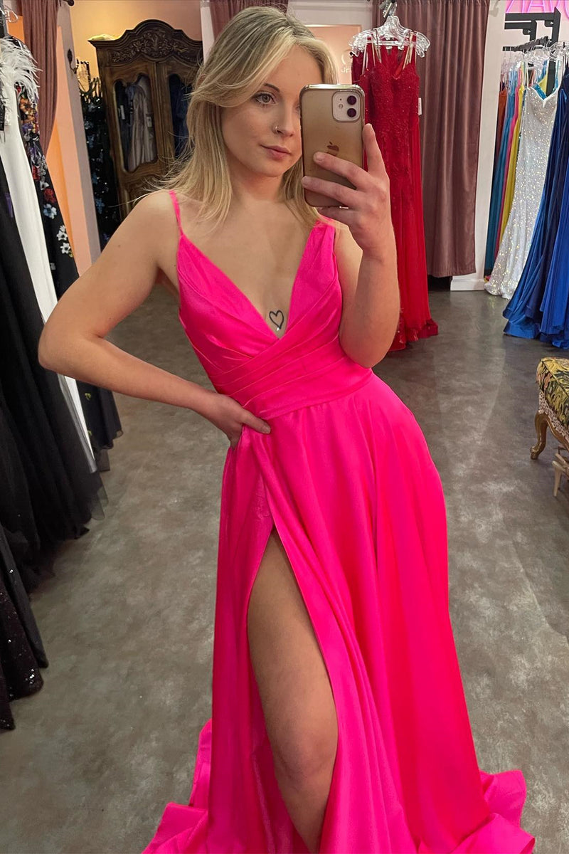 Fuchsia Plunging V Neck Straps A-line Satin Long Prom Dress with Slit