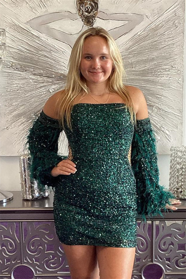 Hunter Green Strapless Sequins Feathers Homecoming Dress with Detachable Sleeves