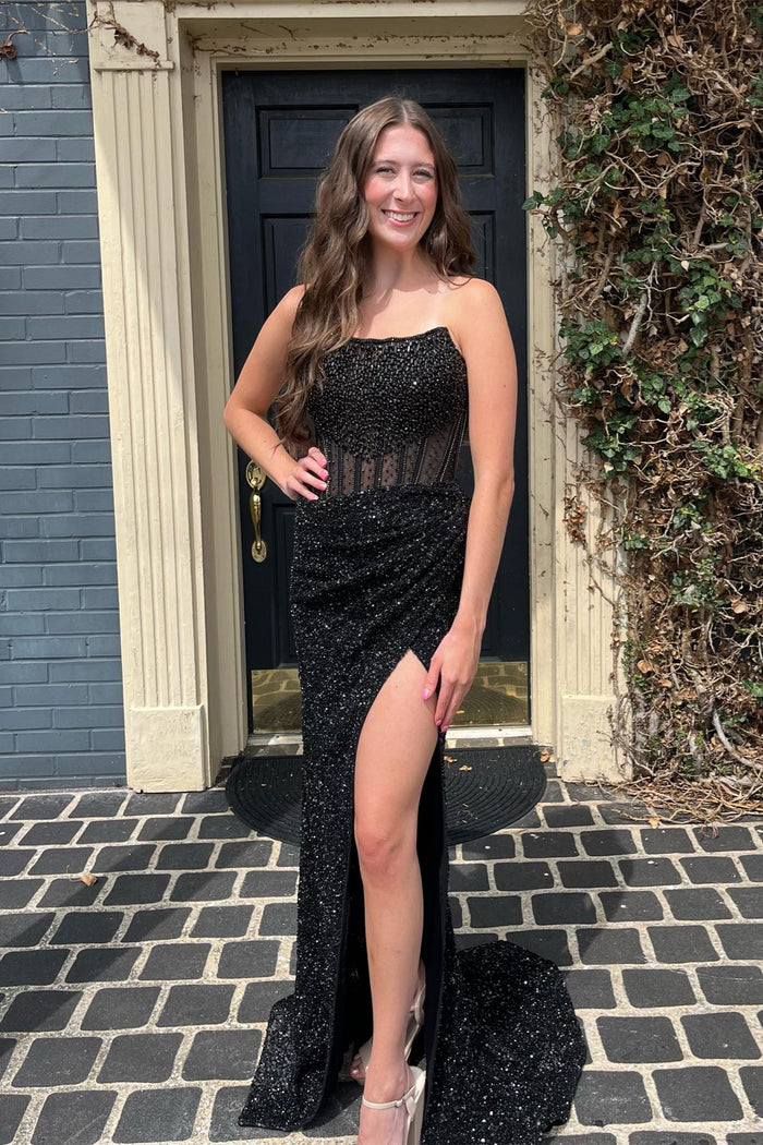 Black Strapless Sequins Mermaid Long Prom Dress with Slit